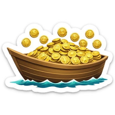 emoji of gold coins on the boat in the sea sticker