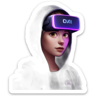 Russian girl wearing a black hoodie with "OMG" letters on it and VR headset in a cyberpunk VR environment with violet neon lighting. sticker