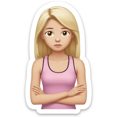 Create a young woman with long blonde hair, golden eyes, and medium-light skin tone, wearing a light pink tank top and leggings. She should be in portrait mode, but with a subtle doubting facial expression—slightly raised eyebrow, small frown, .  and her hand next to her chin like a thinker sticker