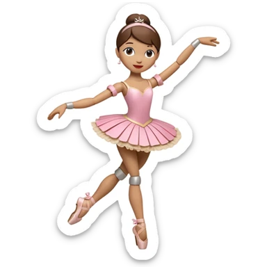 3D render of Ballerina Puppet as a wooden marionette puppet, Wood joints at knees, dancing pose, silver metal screw joints at elbows and knees, polished brown wood texture, rigid toy pose, Apple emoji style, isolated on white background --v 6.0. sticker