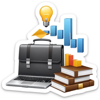 An icon showing a briefcase, a stack of documents, and a rising bar chart, representing business and entrepreneurship. The design features a laptop and a lightbulb, symbolizing innovation and strategy. Transparent background highlights the dynamic world of business growth and leadership. sticker