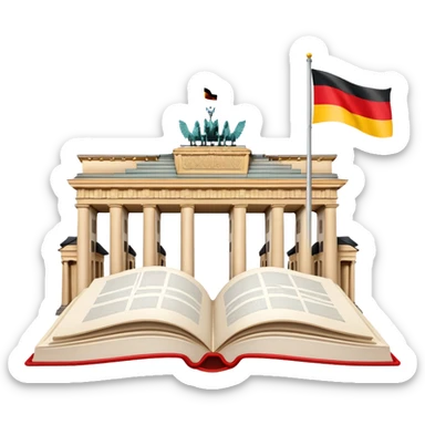 An icon featuring the Brandenburg Gate and the big flag of Germany, symbolizing the German language. The design includes an open book with German text representing language learning and German culture. Transparent background highlights the essence of German heritage. sticker