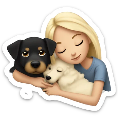 blond girl cuddling in bed with black and tan colored dog and cozy blankets sticker
