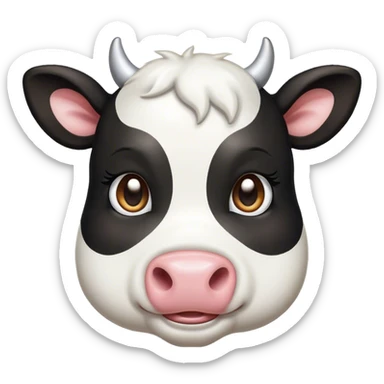 Cinematic Cute Black and White Cow Portrait Emoji, Head tilted playfully and inquisitively, featuring a glossy, contrasting coat of black and white, round, sparkling brown eyes filled with gentle curiosity, Simplified yet irresistibly adorable features, highly detailed, glowing with a warm, friendly glow, high shine, affectionate and serene, stylized with a touch of contemporary charm, bright and endearing, soft glowing outline, capturing the essence of a mischievous yet loving cow, so playful it feels like it could moo out of the screen and into your arms! sticker