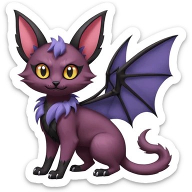Black edgy Swoobat-Noibat-Purloin-Torracat-Lykoi-Caracal-cat-Fakemon-fusion-hybrid-creature with with tufted ears, tufted tail, bat wings as ears, head wings, ear wings, vampiric, batty sticker