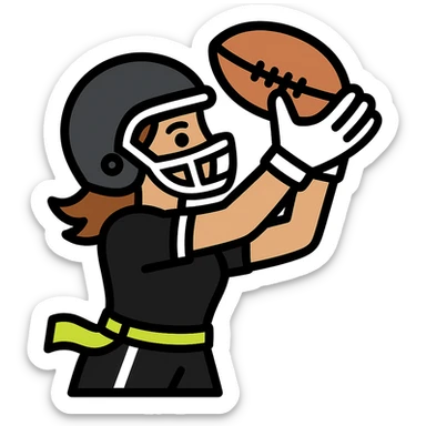 Update to show a woman catching a football, wearing a helmet, a black uniform with white accents, and a lemon lime colored flag belt around her waist. No country flags. Keep the background transparent. sticker