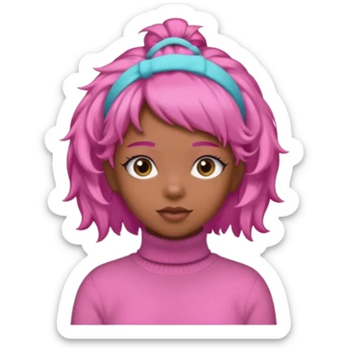 black fluffy haired girl with pink turtleneck sweater and pink hair band sticker
