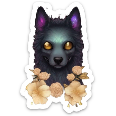 Black iridescent fluffy dog fox head skull zombie skull skeleton skull gold mechanical steampunk raven wings nebula galaxy stars colorful flowers fairy lights vintage sticker