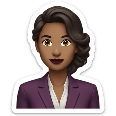 woman, dark brown hair, wearing marsala lipstick and using a purple blazer sticker