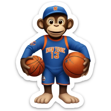 Curious George wearing a knicks uniform, jersey says "New York" and has "11" in the center, monkey is holding a basketball  sticker