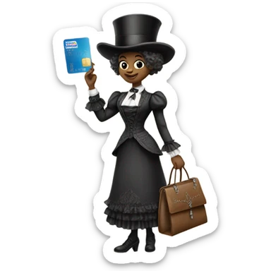 galora in Victorian dress elegant, full body, holding big credit card sticker