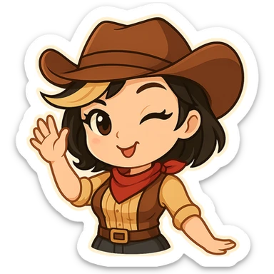 Chibi cowgirl with short hair and a blonde streak, wearing a cowboy hat and western outfit, no guns. Pose: waving with one hand, cheerful and sexy wink, more feminine curves. Chibi/anime style, transparent background, sized for Twitch or Discord use. sticker