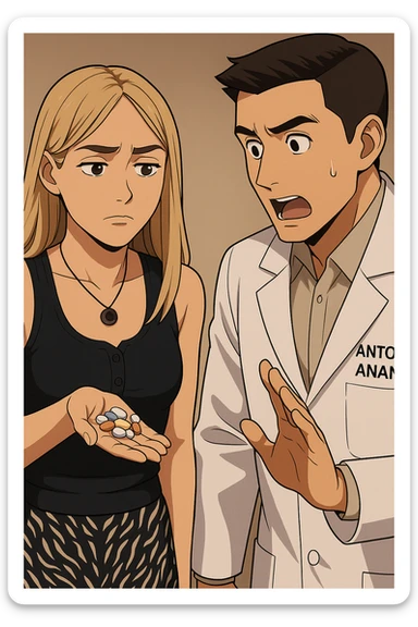 fai un webtoon/manga a colori con questo kinesiologo in camice bianco (fagli la scritta "ANTONIO ANANIA" SUL CAMICE) CHE PARLA CON QUESTA RAGAZZA. LA RAGAZZA HA UN PUGNO DI INTEGRATORI IN MANO (TANTE PILLOLE DIVERSE) E LE GUARDA DUBBIOSA. IL KINESIOLOGO CON IL CAMICE BIANCO LE DOMANDA UNA COSA SCIOCCATO. NON FARE I FUMETTI, FAI SOLO LORO COME SE DIALOGASSERO sticker