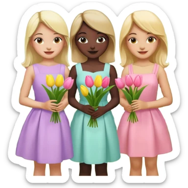 5 girls at a garden party wearing pastel dresses and holding tulips, one is black one is blond, one is asian, one is latina sticker
