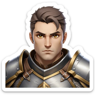Cinematic Realistic WoW Human Warrior Portrait, head tilted epicly and inquisitively, showcasing a commanding presence and heroic grace. His chiseled features, resolute eyes, and meticulously crafted steel armor with leather accents in harmonious greys and bronzes are rendered with lifelike clarity and dramatic lighting, high shine, epic and awe-inspiring, embodying the spirit of a warrior poised for battle. sticker