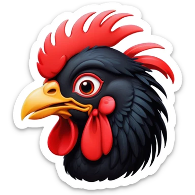 Cinematic Comical Black Rooster Portrait Emoji, Head tilted dramatically with an exaggeratedly shocked or amused expression, featuring a striking pure black plumage with a bold red comb, wide, expressive eyes filled with playful disbelief, Simplified yet hilariously expressive features, highly detailed, glowing with a slightly sassy glow, high shine, dramatic yet playful, stylized with an air of cheeky mischief, bright and endearing, soft glowing outline, capturing the essence of a spirited and over-the-top rooster, so meme-worthy it feels like it could crow its way into internet fame instantly! sticker