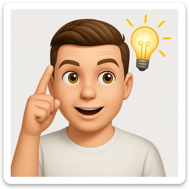 Based on these photos, make an emoji with facial features preserved, man in white t-shirt, got an idea, light bulb over head

 sticker