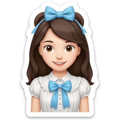 Brunette girl cute smile with bows in her hair pretty normal strip withe blouse till middle hip  sticker