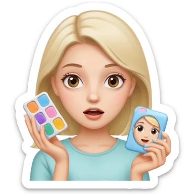 An aesthetic girl with a clean face and delicate shades advertises a sticker pack cosmetics with emotions of surprise sticker