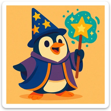a whimsical penguin wizard with a starry hat and magic staff sticker