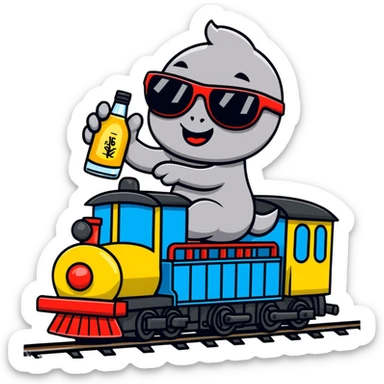 A comical locomotive partying with sunglasses, dancing on train tracks, holding vodka bottles like maracas sticker