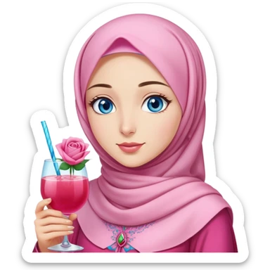 Turkish beautiful finish Konya girl blue eyes with pink hijab islamic dress and had on her hand rose mocktail sticker