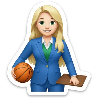 Full Body white plus size female with big nose basketball head coach using a clipboard with long blonde hair in a blue and green suit smiling with basketball and clipboard sticker