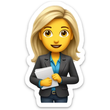 “Design an emoji of a female journalist with loose hair, holding a microphone and a notebook. It should look professional and friendly, with bright colors and details about her role.” sticker