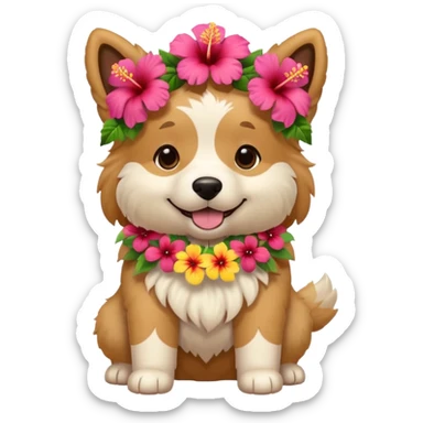 A fluffy dog wearing a bright hibiscus lei, wagging happily. sticker
