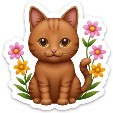 color outline icon of a brown cat with flowers sticker