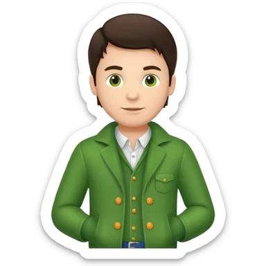 brunette man with green dutch clothing sticker