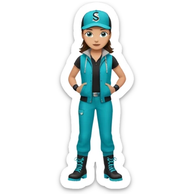 A landscaper in a beautiful turquoise jacket and turquoise boots, black pants, and a black sleeveless shirt. On his head is a black Swissotel baseball cap. The girl is a brunette with blue eyes. sticker