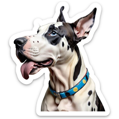 Cinematic Cute Yawning Harlequin Great Dane Portrait Emoji, Head tilted slightly with a dramatic, wide-open yawn, showcasing a smooth coat of predominantly white with bold black patches, floppy ears slightly drooping, round blue eyes barely open in drowsy contentment, Simplified yet irresistibly adorable features, highly detailed, glowing with a soft, cozy glow, high shine, relaxed yet expressive, stylized with a touch of whimsy, bright and endearing, soft glowing outline, capturing the essence of a sleepy yet affectionate guardian, so drowsy it feels like it could stretch out of the screen and curl up for a nap! sticker