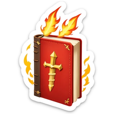 A fiery red book with golden details, a textured, leather-like cover, a flaming sword, or a lightning bolt, radiating power, resilience, and the fire of transformation-- the inner strength book sticker