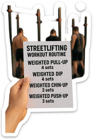 a close-up of a hand holding a printed streetlifting workout routine, with the exercises and sets written in bold text. In the background, an outdoor gym with pull-up bars, dip stations, and athletes wearing weighted belts. The lighting is natural, and the mood is motivational. sticker