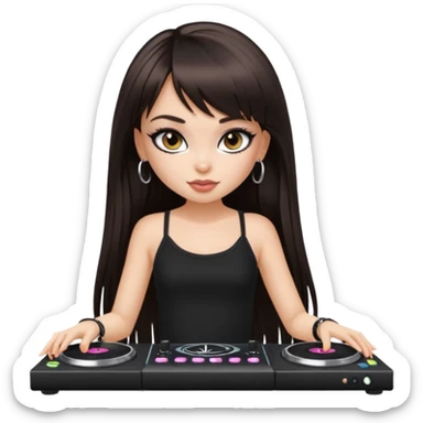 generate a pretty bratz girl in black cami top, dark brown straight long hair with bangs, eyeliner on, djing, fair sticker