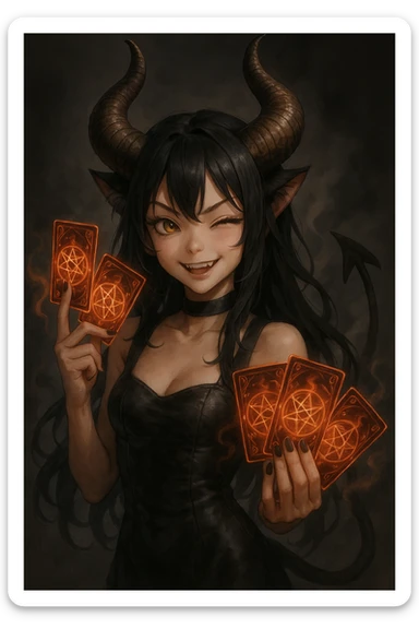 realistic anime catgirl devil as a mischievous trickster, playful expression, oversized horns, magical cards, smoky background sticker
