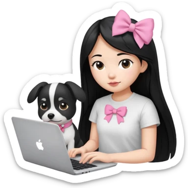 Asian girl long black hair, wearing a white t-shirt, working on an Apple laptop, next to her is a small black and white dog in pink bow sticker