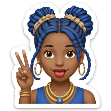 brown girl with dark blue dreads all in a bun with tongue out holding up middle finger sticker