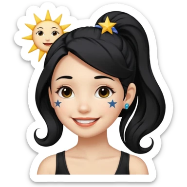 An Emoji of girl with black ponytail hair, who can be described by three words: sun, moo, star sticker