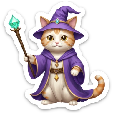 A cat wizard casting a spell with magical staff and flowing robes sticker