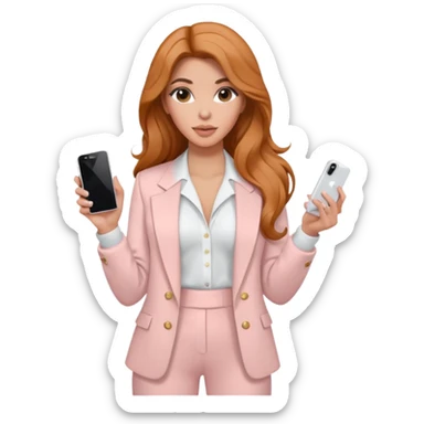 pale skin Kim Kardashian with ginger wavy long Hair, light pink  Spacious classical jacket, light pink palazzo Arrow pants and white blouse holding white IPhone 15 pro in the hands sticker