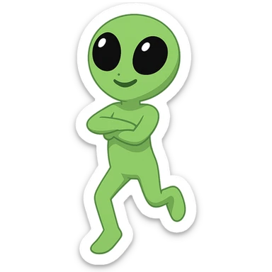 An alien dancing in neon green, almost identical to the reference image, with arms crossed and a slightly changed pose for animation frame 6. PNG with transparent background. sticker
