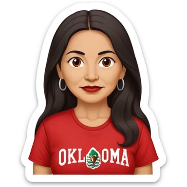 50 year old Mexican woman long hair in a red “OKLAHOMA” t-shirt sticker