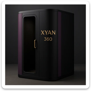 privacy enclosure booth with 'Xyan 360' signage in gold, purple and black, elegant and modern sticker