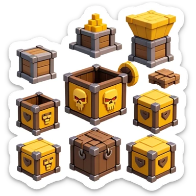 Clash of Clans aesthetic: Cinematic Playful Pixel 3D loot crate Emoji, rendered in a 3D vector-style similar to standard emojis with minimal shading and bold, simplified shapes. A compact, distinct form with signature details, softly glowing with a pixelated adventure charm. Simplified yet unmistakably iconic, highly detailed and consistent, glowing with a soft radiance and high shine. Stylized with a touch of classic pixel-art charm and a soft glowing outline, capturing the essence of a beloved gaming relic with a friendly, playful manner! sticker