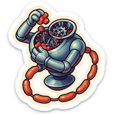 hovering robot. stuffs material into large hole on its top with 2 arms. no head. hole is where a head would be. spinning gears and blades in hole grind red chunks. sausage links come our of hole on backside.  3/4 view. between realism and cartoon. well lit. no dramatic lighting. metallic shiny robot. works diligently. dark humor sticker