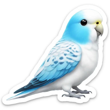 White budgie with blue chest sticker