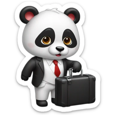 A professor with white suit and red tie and a panda face eating a hotdog and holding a black suitcase sticker