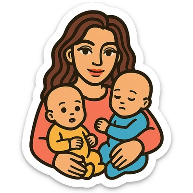 Create several variations of a woman with two infants, featuring different poses and facial expressions. The woman has detailed facial features, expressive eyes and lips with shadows and highlights, and long wavy hair. The style is icon-color-outlined with a retro sticker vibe. The background should be transparent. sticker